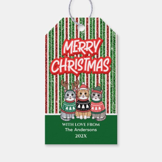 Red and Green Candy Stripes Weihnachtskatzen Geschenkanhänger (Vorderseite)