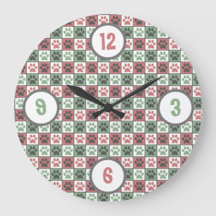Red and Green Checkered Dog Paw Print Pattern Große Wanduhr