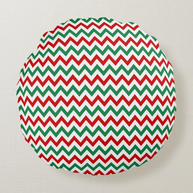 Red and Green Chevron Decorative Throw Pillow Rundes Kissen (Vorderseite)