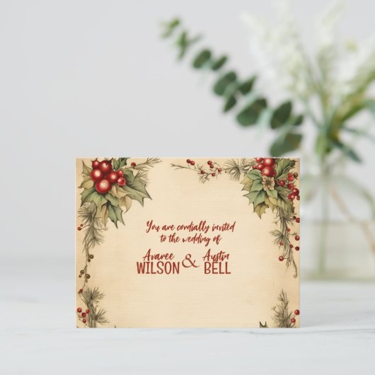 Red and Green Christmas Poinsettia Wedding Einladungspostkarte (Stehend Vorderseite)