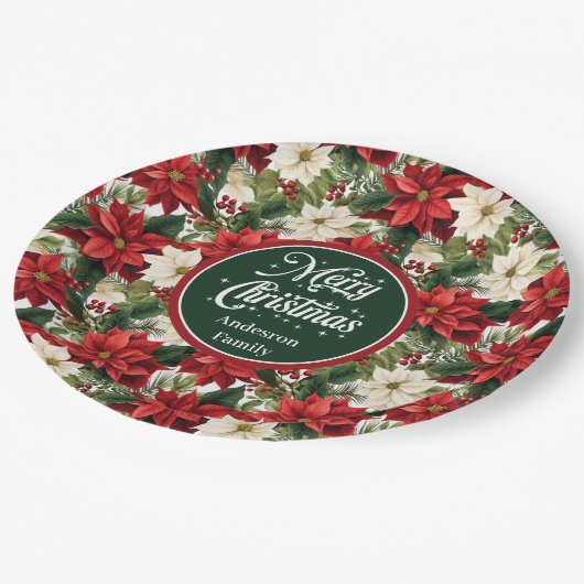 Red and Green Christmas Wreath Chic Paper Plates Pappteller (Schrägansicht)