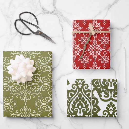 Red and Green Classic Damask Pattern Christmas Geschenkpapier Set (Vorderseite)