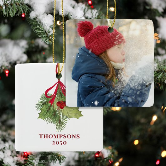 Red and Green Classic Holly Photo Custom Keramikornament