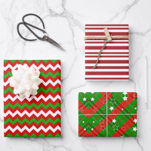 Red and Green Classic Stripes Weihnachten Geschenkpapier Set (Vorderseite)