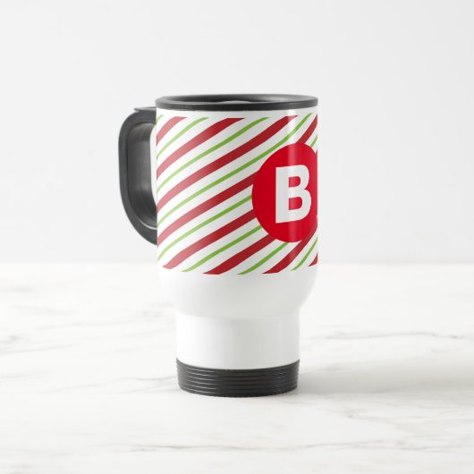 Red and Green Diagonal Pinstripes Monogram Reisebecher (Vorderseite Links)