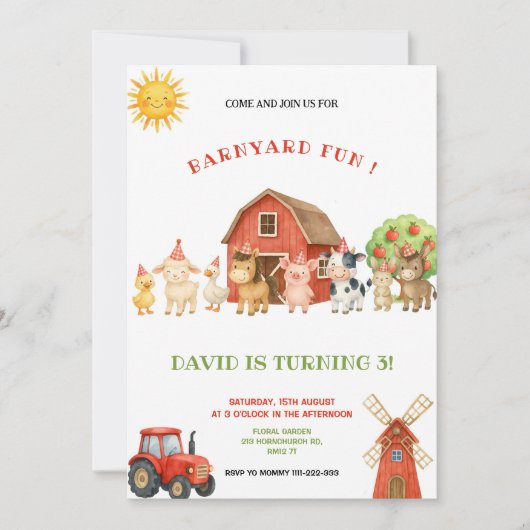 RED AND GREEN FARM BIRTHDAY PARTY INVITATION EINLADUNG (Vorderseite)