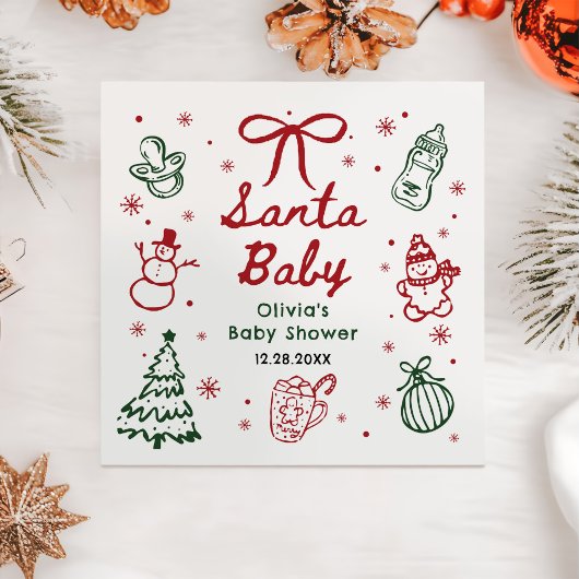 Red and Green Hand Drawn Christmas Baby Shower Serviette