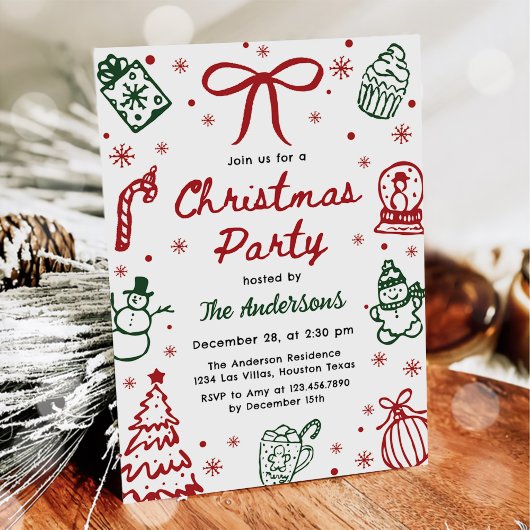 Red and Green Hand Drawn Quirky Christmas Party Einladung
