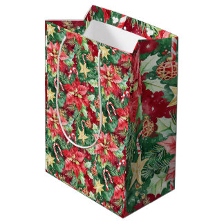 Red and Green Holiday Floral Candy Cane Mittlere Geschenktüte