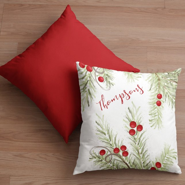 Red and Green Holly Custom Christmas Kissen (Christmas holiday greenery and red holly berries throw pillow. )