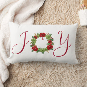 Red and Green JOY Wreath Add Name Christmas Lendenkissen