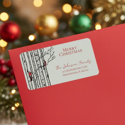 Red and Green Merry Xmas Kardinal Birch Branchen Adressaufkleber