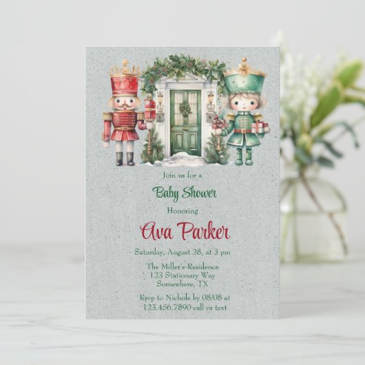 Red and Green Nutcracker Baby Shooter Einladung (Stehend Vorderseite)