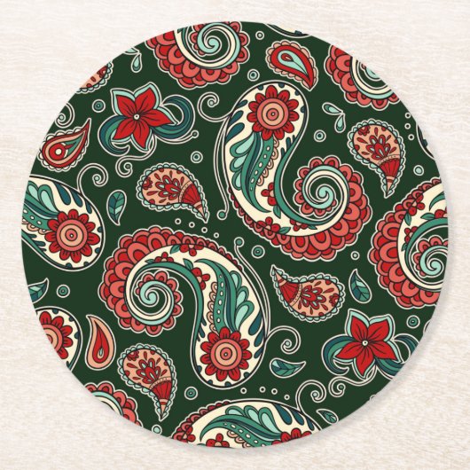 Red and Green Paisley Paper Coaster Runder Pappuntersetzer (Vorderseite)