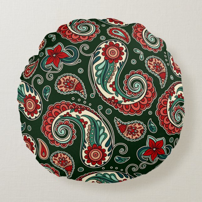 Red and Green Paisley Round Pillow Rundes Kissen (Vorderseite)