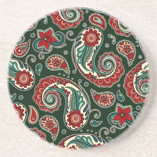 Red and Green Paisley Sandstone Coaster Getränkeuntersetzer (Vorne)
