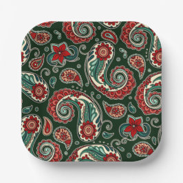 Red and Green Paisley Square Paper Plates Pappteller