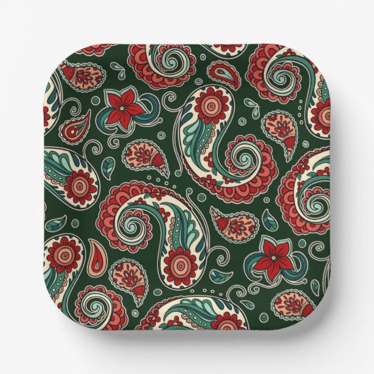 Red and Green Paisley Square Paper Plates Pappteller (Vorderseite)