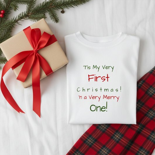 Red and Green Personalized First Baby Christmas Baby T-shirt
