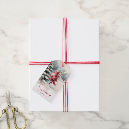 Red and Green Pine Trees Christmas Geschenkanhänger (Mit Garn)