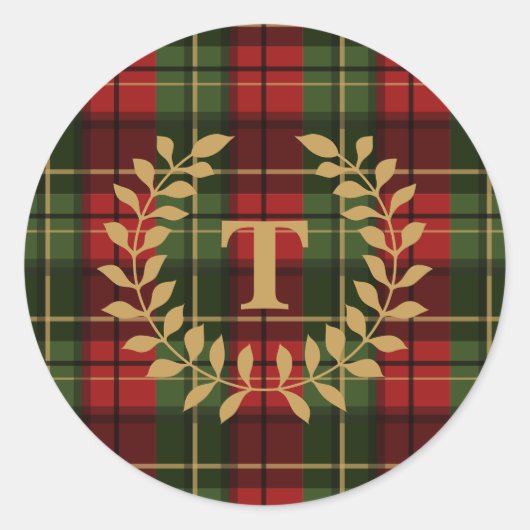 Red And Green Plaid Tartan Pattern With Monogram Runder Aufkleber (Vorderseite)