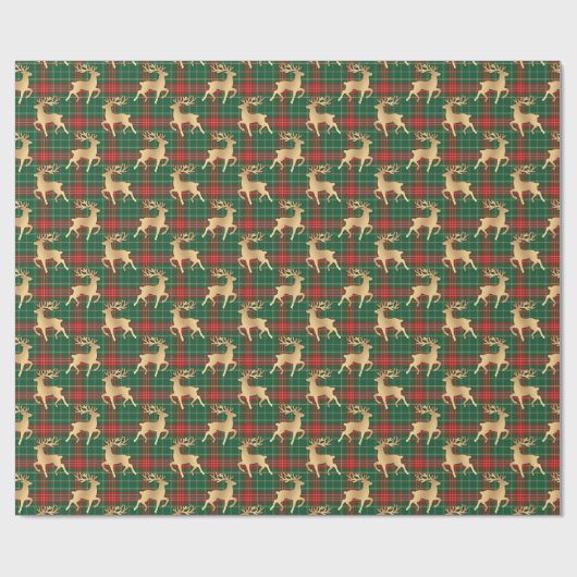 Red and Green Plaid with Faux Gold Reindeer Geschenkpapier (Flach)