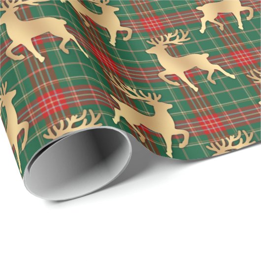 Red and Green Plaid with Faux Gold Reindeer Geschenkpapier (Rolleneckpunkt)