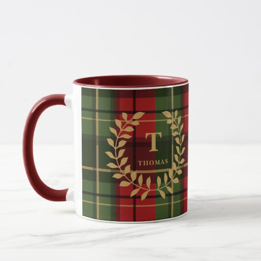 Red And Green Plaid With Monogram Wreath And Name Tasse (Links)
