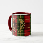 Red And Green Plaid With Monogram Wreath And Name Tasse (Vorderseite Links)