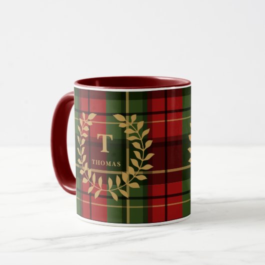 Red And Green Plaid With Monogram Wreath And Name Tasse (Vorderseite Links)