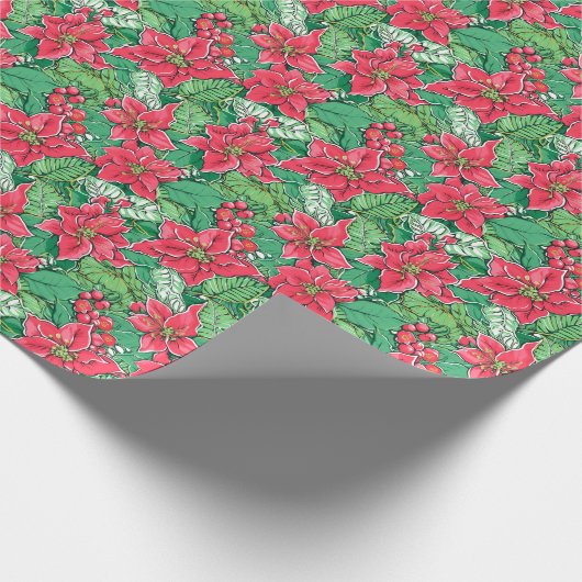 Red and Green Preppy Christmas Poinsettias Geschenkpapier (Ecke)