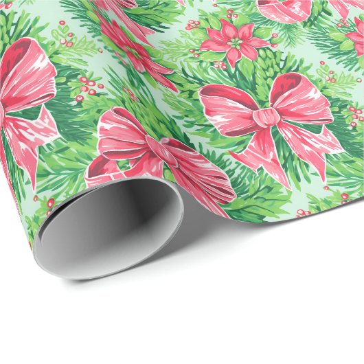 Red and Green Preppy Poinsettias & Bows Geschenkpapier (Rolleneckpunkt)