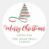 Red and Green Ribbon Tree Frohe Weihnachtsschrift Runder Aufkleber (Vorderseite)