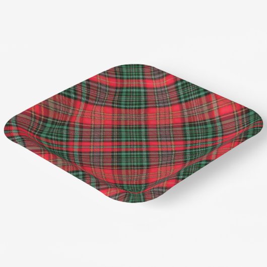Red and Green Scottish Diagonal Tartan Plaid Pappteller (Gewinkelt)