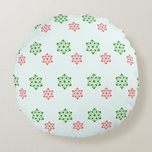 Red and Green Snowflake Pattern, Elegant Christmas Rundes Kissen (Vorderseite)