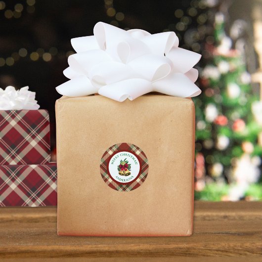 Red and Green Tartan Christmas Personalized Runder Aufkleber