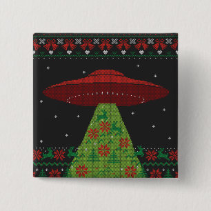 Red and Green UFO Traktor Beam Ugly Christmas Button
