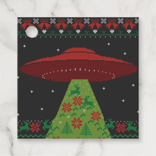 Red and Green UFO Traktor Beam Ugly Christmas Geschenkanhänger (Vorderseite)