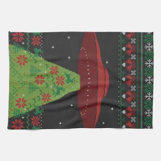 Red and Green UFO Traktor Beam Ugly Christmas Geschirrtuch (Horizontal)
