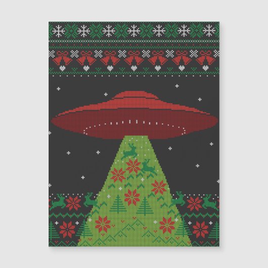 Red and Green UFO Traktor Beam Ugly Christmas Magnetkarte (Vorderseite)