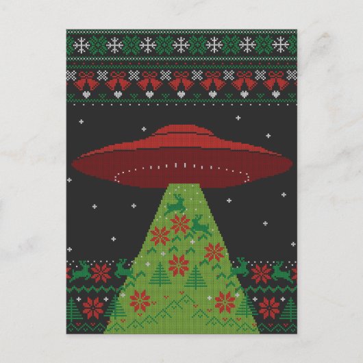 Red and Green UFO Traktor Beam Ugly Christmas Postkarte (Vorderseite)