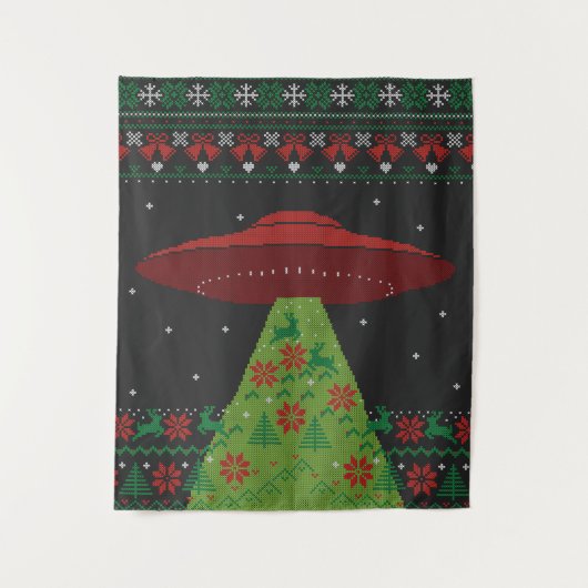 Red and Green UFO Traktor Beam Ugly Christmas Wandteppich (Vorderseite)