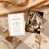 Red and Green Vintage Doodle Christmas Family Einladung