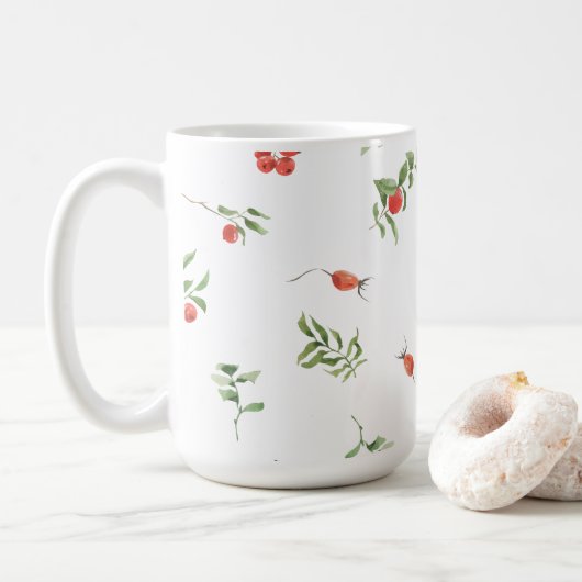 Red And Green Winter Berries & Leaves Illustration Kaffeetasse (Mit Donut)