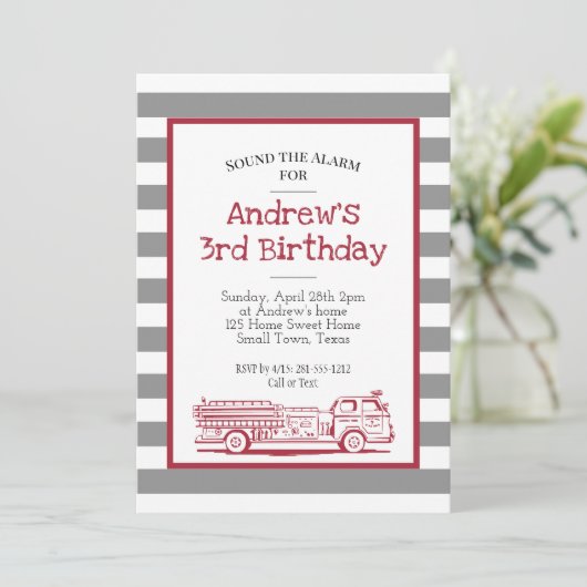 Red and Grey Fire Truck Einladung (Stehend Vorderseite)