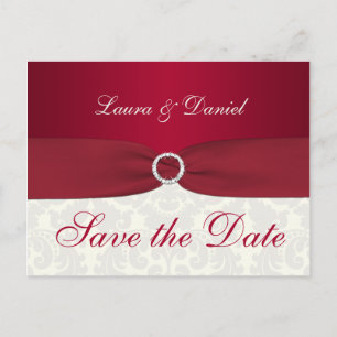 Red and Ivory Damask Save the Date Postkarte