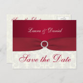 Red and Ivory Damask Save the Date Postkarte (Vorne/Hinten)