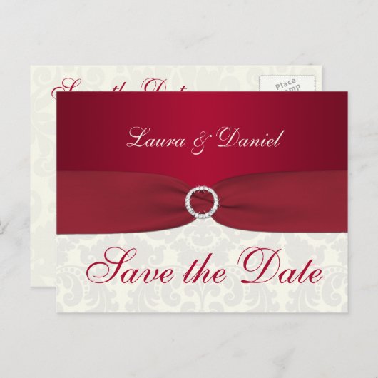 Red and Ivory Damask Save the Date Postkarte (Vorne/Hinten)