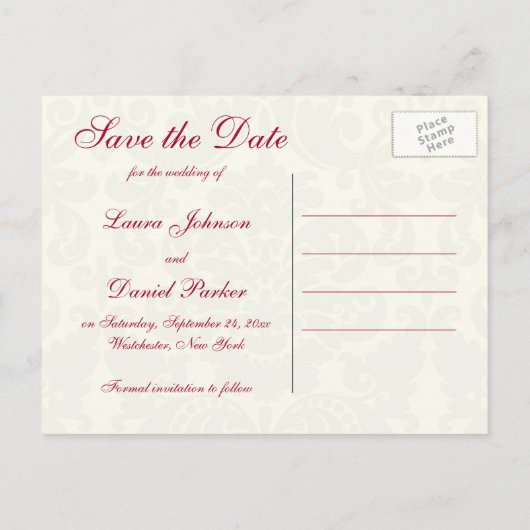 Red and Ivory Damask Save the Date Postkarte (Rückseite)