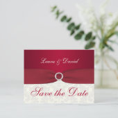 Red and Ivory Damask Save the Date Postkarte (Stehend Vorderseite)